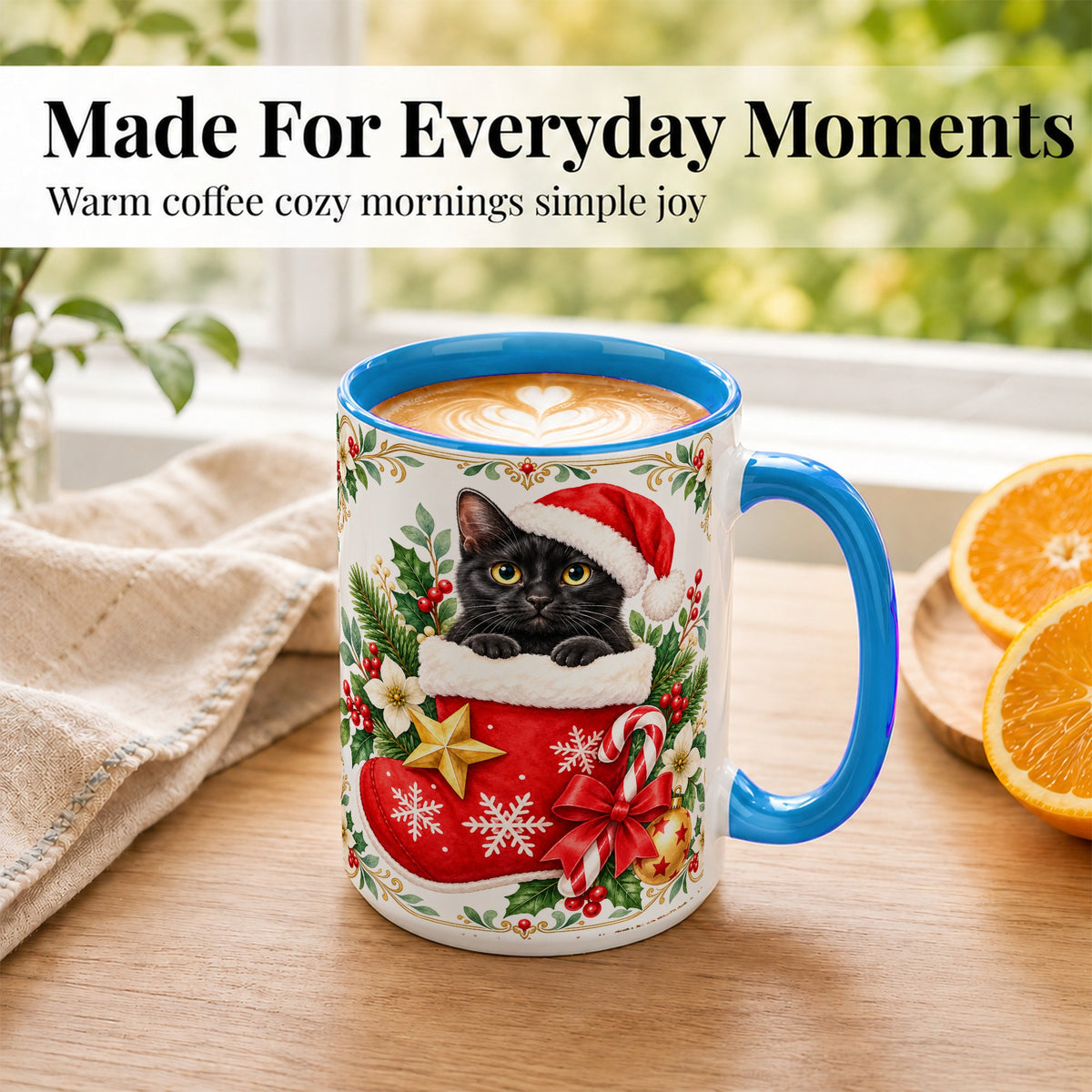 #pl[15oz|Blue] Black Cat Christmas Stocking Coffee Mug, Holiday Cat Mug, Ceramic Cup