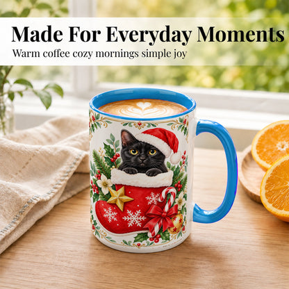 #pl[15oz|Blue] Black Cat Christmas Stocking Coffee Mug, Holiday Cat Mug, Ceramic Cup