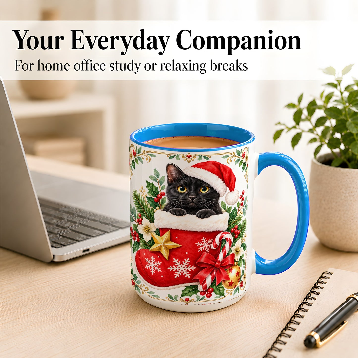 #pl[15oz|Blue] Black Cat Christmas Stocking Coffee Mug, Holiday Cat Mug, Ceramic Cup