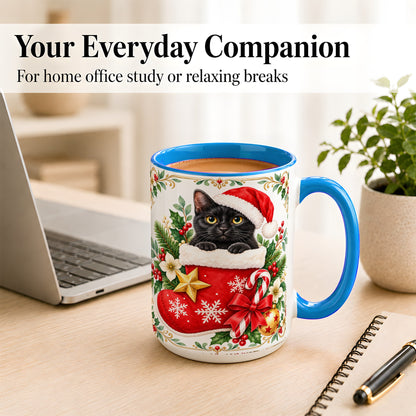 #pl[15oz|Blue] Black Cat Christmas Stocking Coffee Mug, Holiday Cat Mug, Ceramic Cup