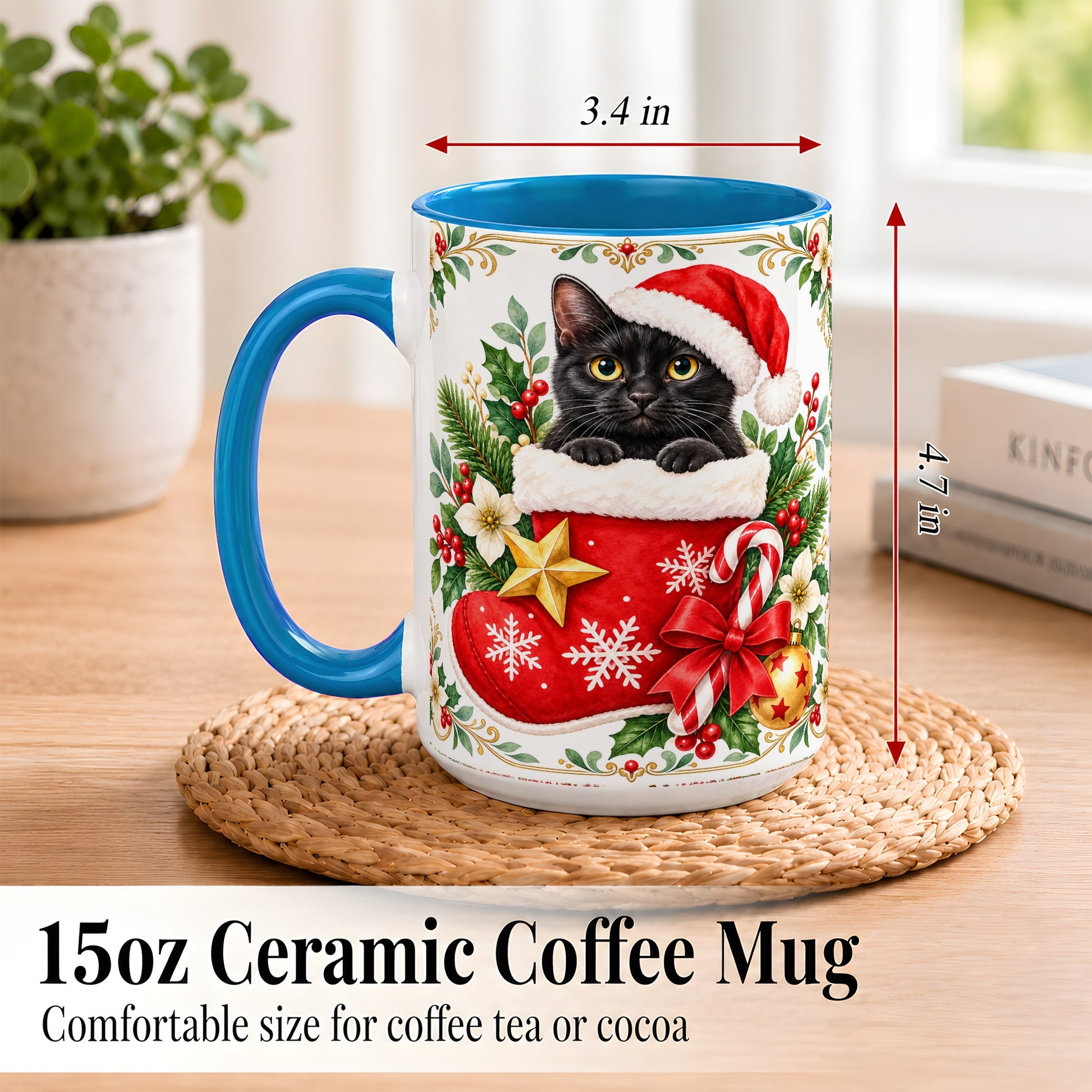 #pl[15oz|Blue] Black Cat Christmas Stocking Coffee Mug, Holiday Cat Mug, Ceramic Cup
