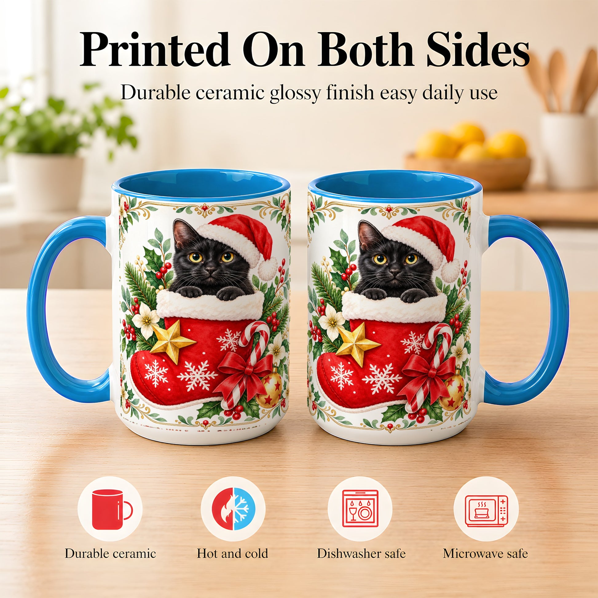 #pl[15oz|Blue] Black Cat Christmas Stocking Coffee Mug, Holiday Cat Mug, Ceramic Cup