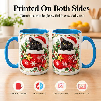 #pl[15oz|Blue] Black Cat Christmas Stocking Coffee Mug, Holiday Cat Mug, Ceramic Cup