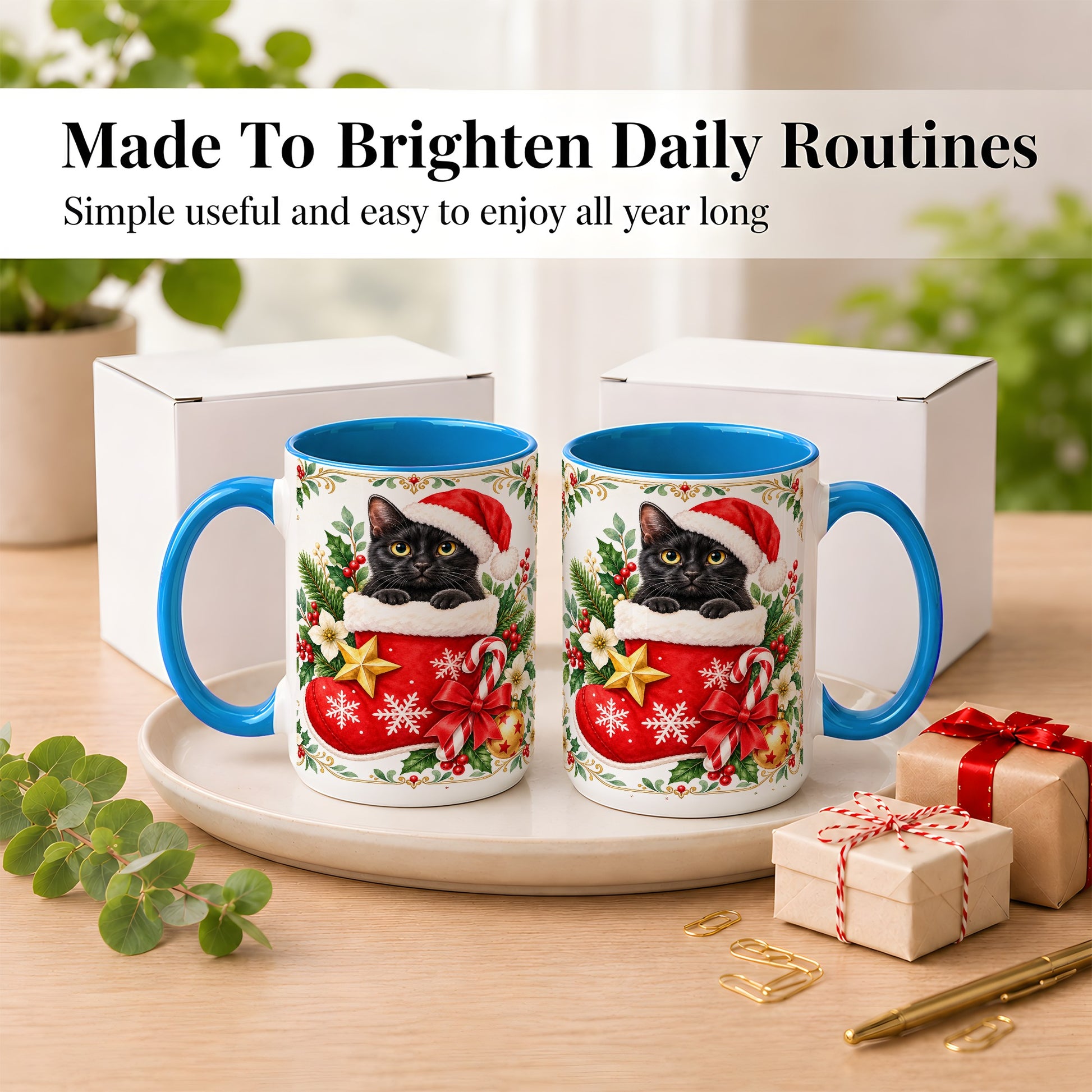 #pl[15oz|Blue] Black Cat Christmas Stocking Coffee Mug, Holiday Cat Mug, Ceramic Cup