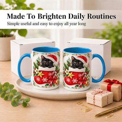 #pl[15oz|Blue] Black Cat Christmas Stocking Coffee Mug, Holiday Cat Mug, Ceramic Cup