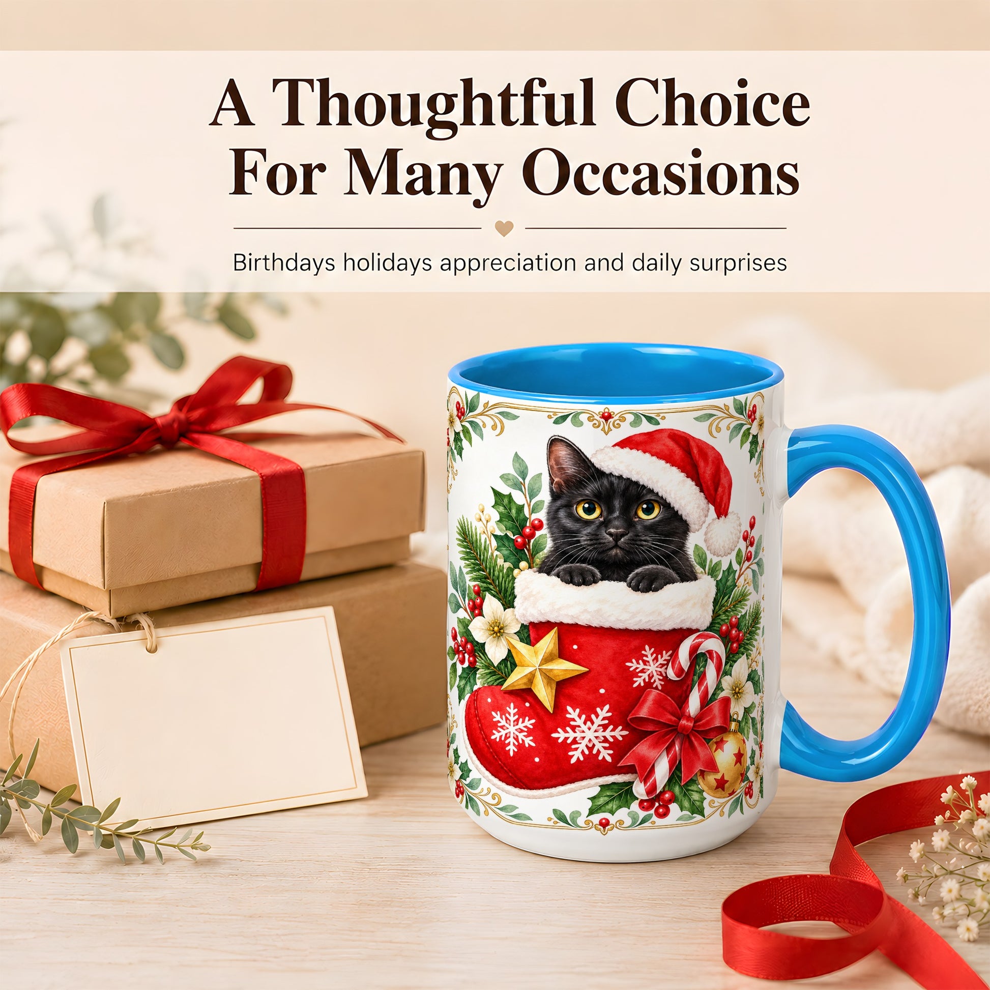 #pl[15oz|Blue] Black Cat Christmas Stocking Coffee Mug, Holiday Cat Mug, Ceramic Cup