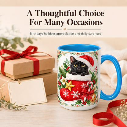 #pl[15oz|Blue] Black Cat Christmas Stocking Coffee Mug, Holiday Cat Mug, Ceramic Cup