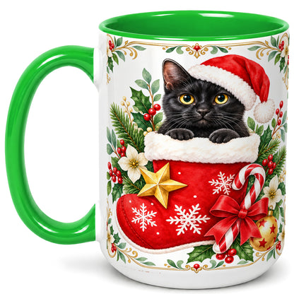#pl[15oz|Green] Black Cat Christmas Stocking Coffee Mug, Holiday Cat Mug, Ceramic Cup