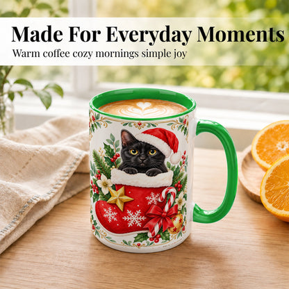 #pl[15oz|Green] Black Cat Christmas Stocking Coffee Mug, Holiday Cat Mug, Ceramic Cup