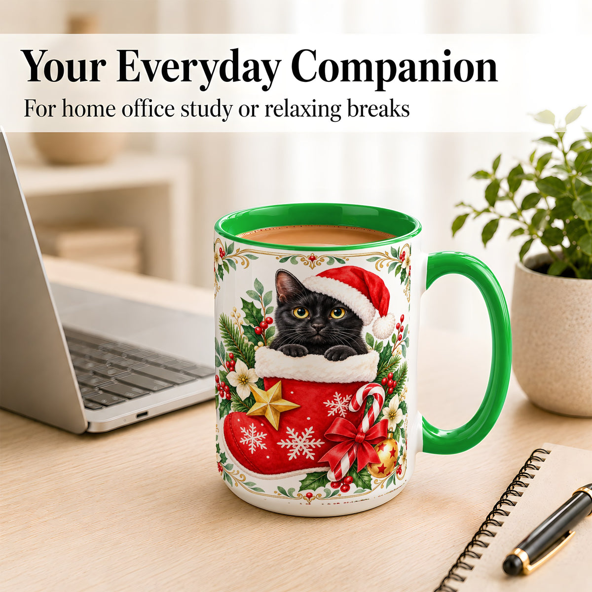 #pl[15oz|Green] Black Cat Christmas Stocking Coffee Mug, Holiday Cat Mug, Ceramic Cup