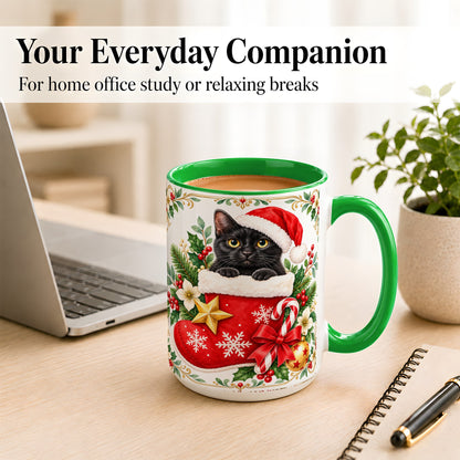 #pl[15oz|Green] Black Cat Christmas Stocking Coffee Mug, Holiday Cat Mug, Ceramic Cup