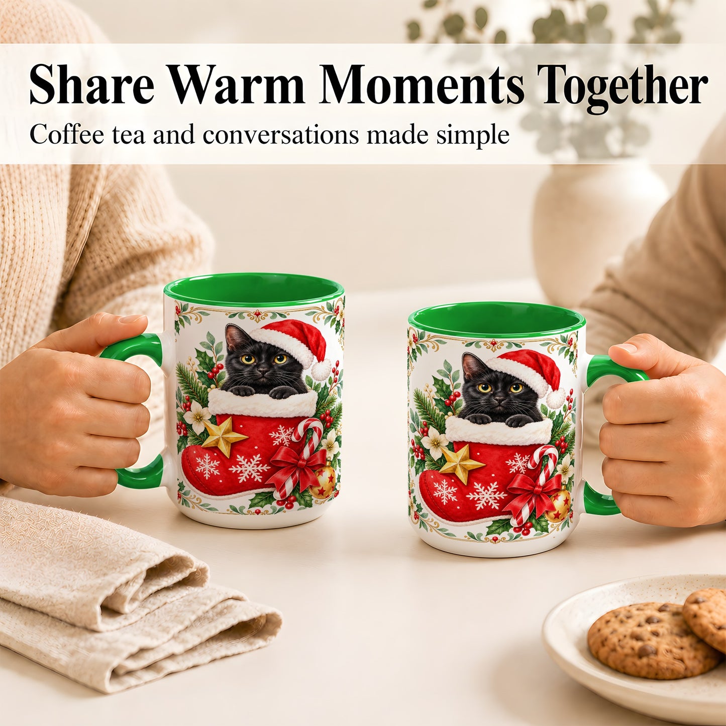 #pl[15oz|Green] Black Cat Christmas Stocking Coffee Mug, Holiday Cat Mug, Ceramic Cup