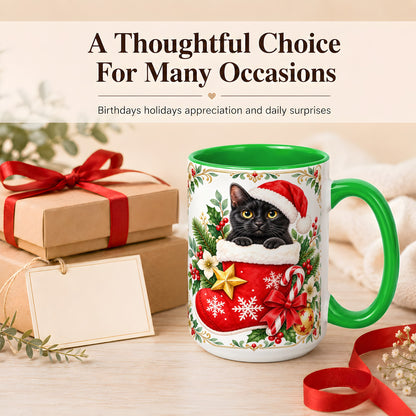 #pl[15oz|Green] Black Cat Christmas Stocking Coffee Mug, Holiday Cat Mug, Ceramic Cup