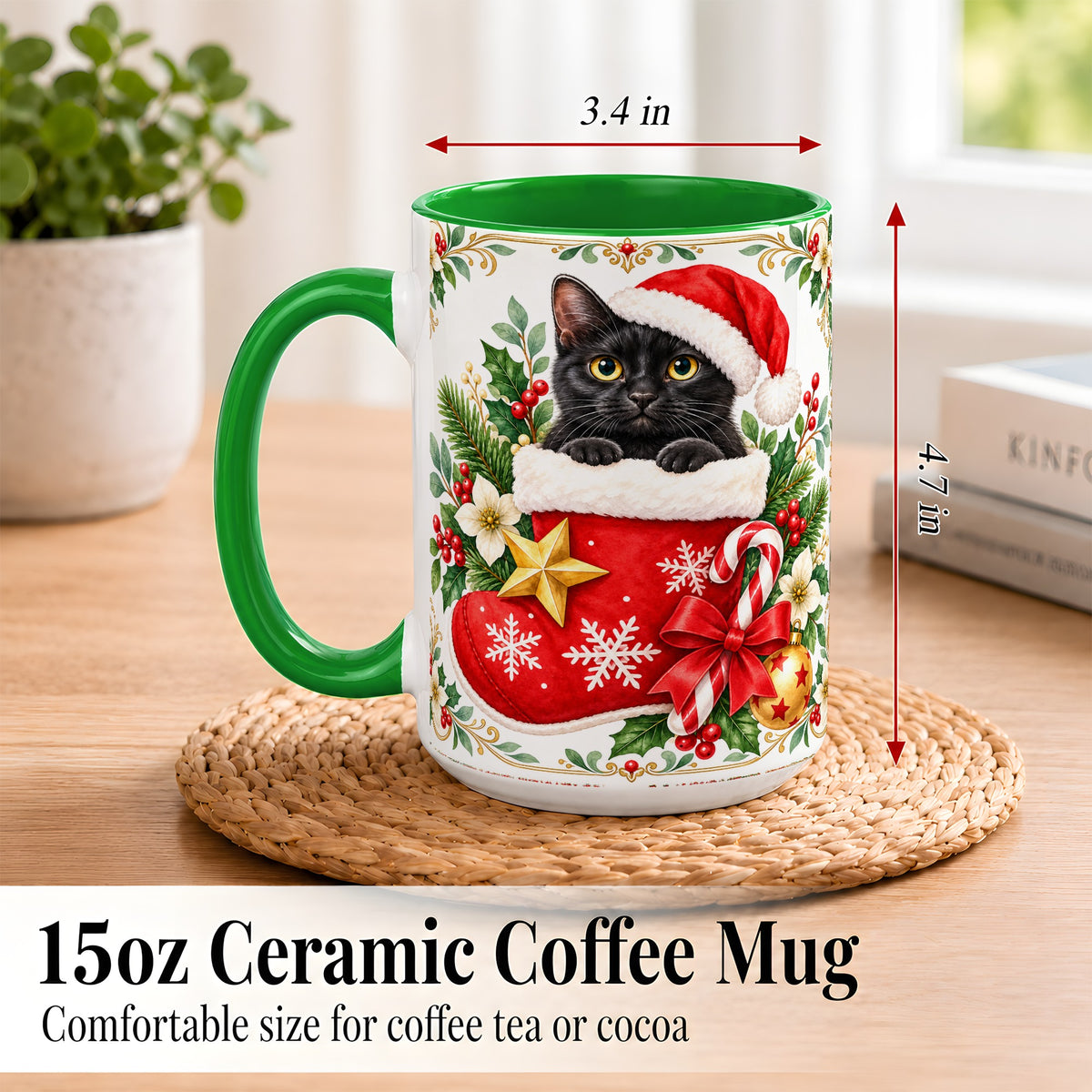 #pl[15oz|Green] Black Cat Christmas Stocking Coffee Mug, Holiday Cat Mug, Ceramic Cup