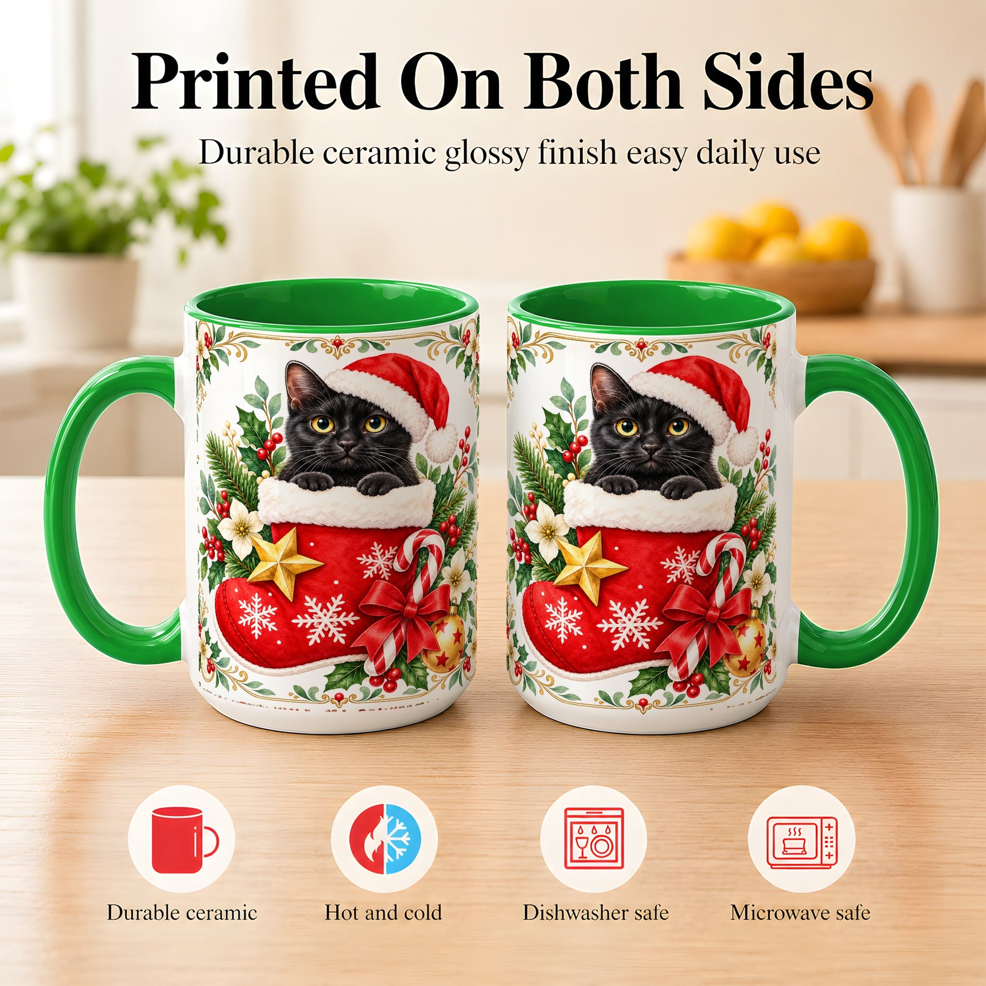 #pl[15oz|Green] Black Cat Christmas Stocking Coffee Mug, Holiday Cat Mug, Ceramic Cup