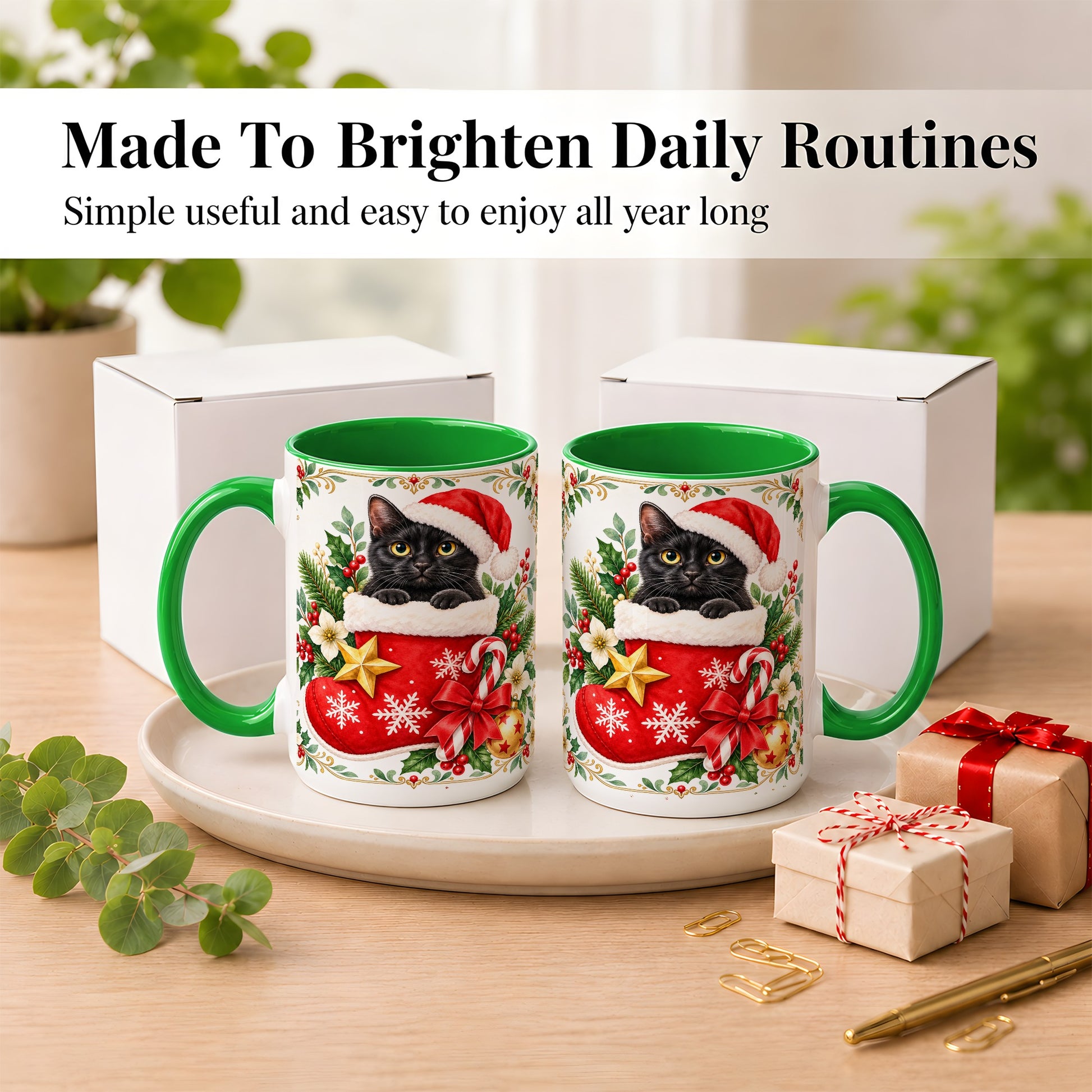 #pl[15oz|Green] Black Cat Christmas Stocking Coffee Mug, Holiday Cat Mug, Ceramic Cup