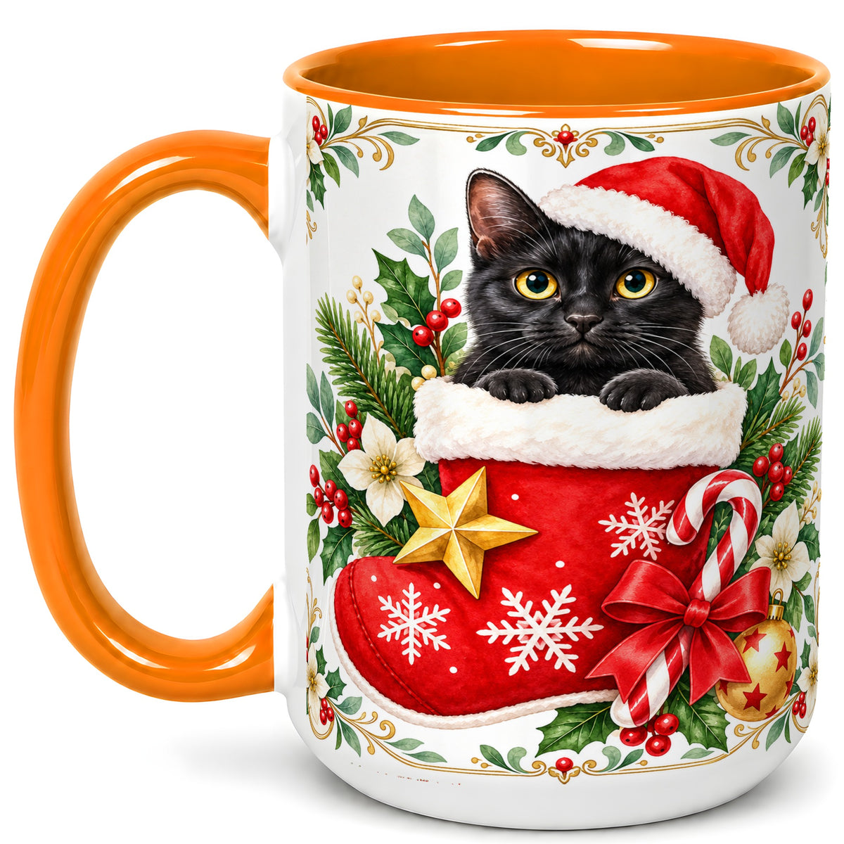 #pl[15oz|Orange] Black Cat Christmas Stocking Coffee Mug, Holiday Cat Mug, Ceramic Cup