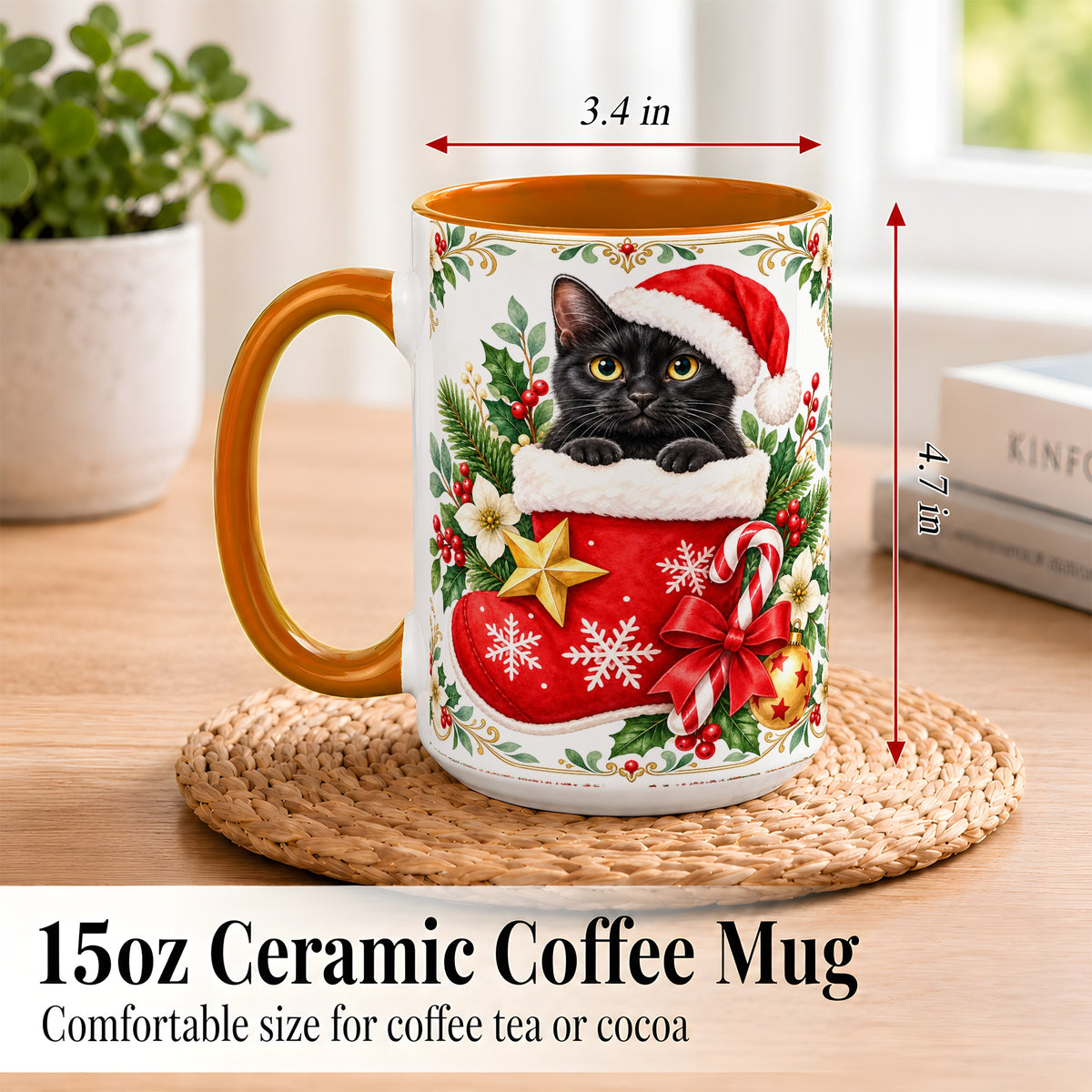 #pl[15oz|Orange] Black Cat Christmas Stocking Coffee Mug, Holiday Cat Mug, Ceramic Cup