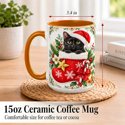 #pl[15oz|Orange] Black Cat Christmas Stocking Coffee Mug, Holiday Cat Mug, Ceramic Cup