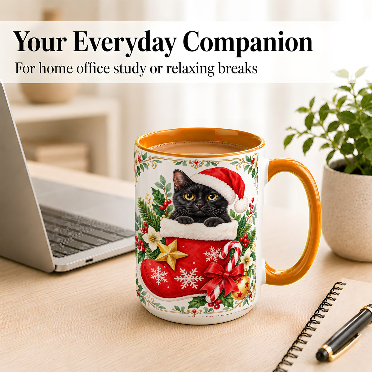 #pl[15oz|Orange] Black Cat Christmas Stocking Coffee Mug, Holiday Cat Mug, Ceramic Cup