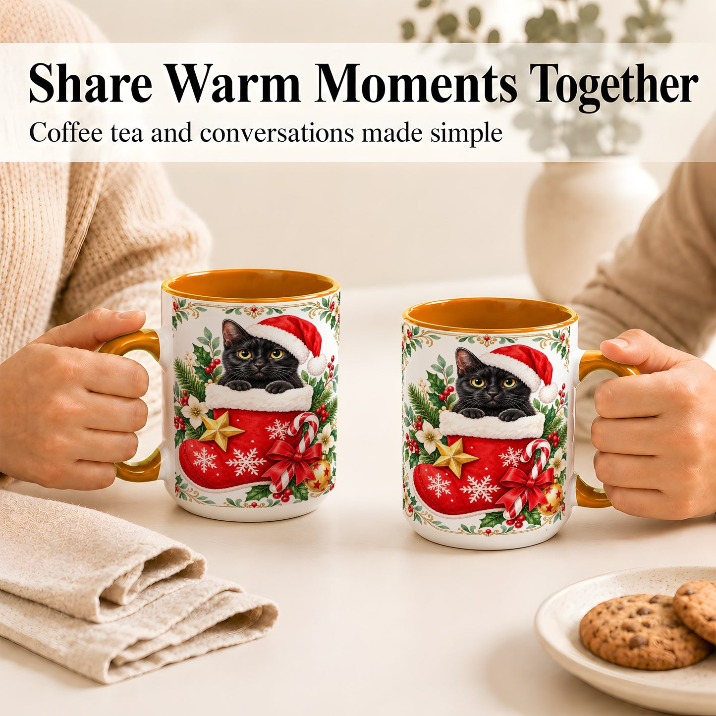 #pl[15oz|Orange] Black Cat Christmas Stocking Coffee Mug, Holiday Cat Mug, Ceramic Cup