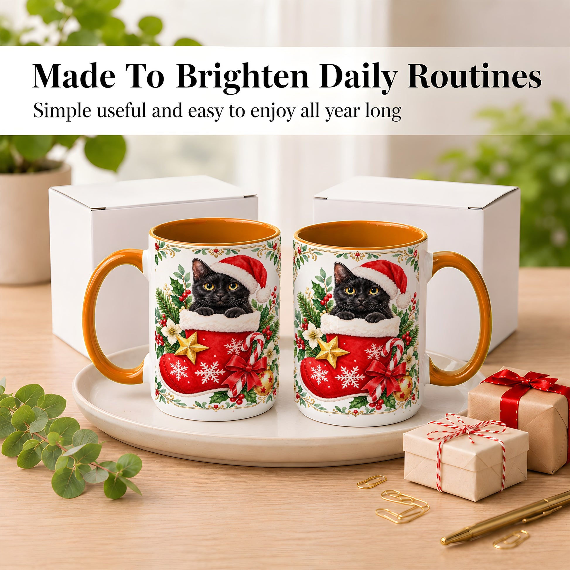 #pl[15oz|Orange] Black Cat Christmas Stocking Coffee Mug, Holiday Cat Mug, Ceramic Cup