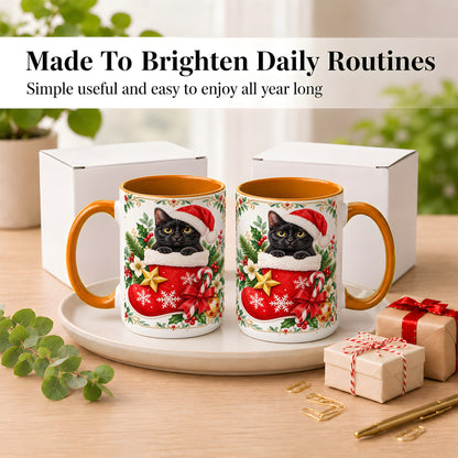 #pl[15oz|Orange] Black Cat Christmas Stocking Coffee Mug, Holiday Cat Mug, Ceramic Cup