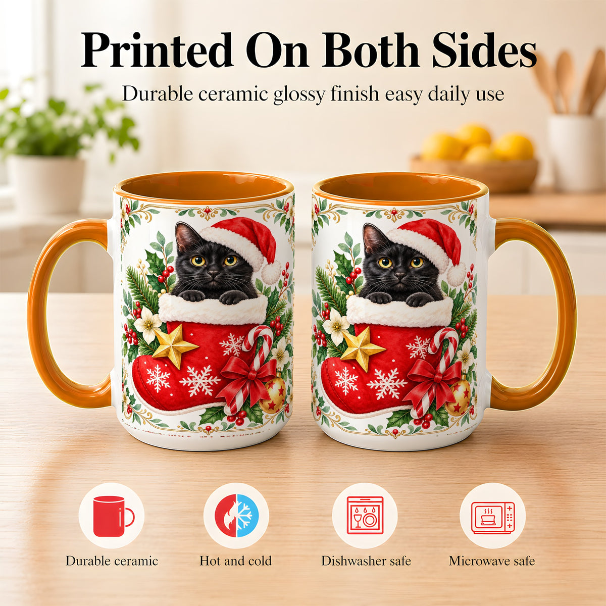 #pl[15oz|Orange] Black Cat Christmas Stocking Coffee Mug, Holiday Cat Mug, Ceramic Cup