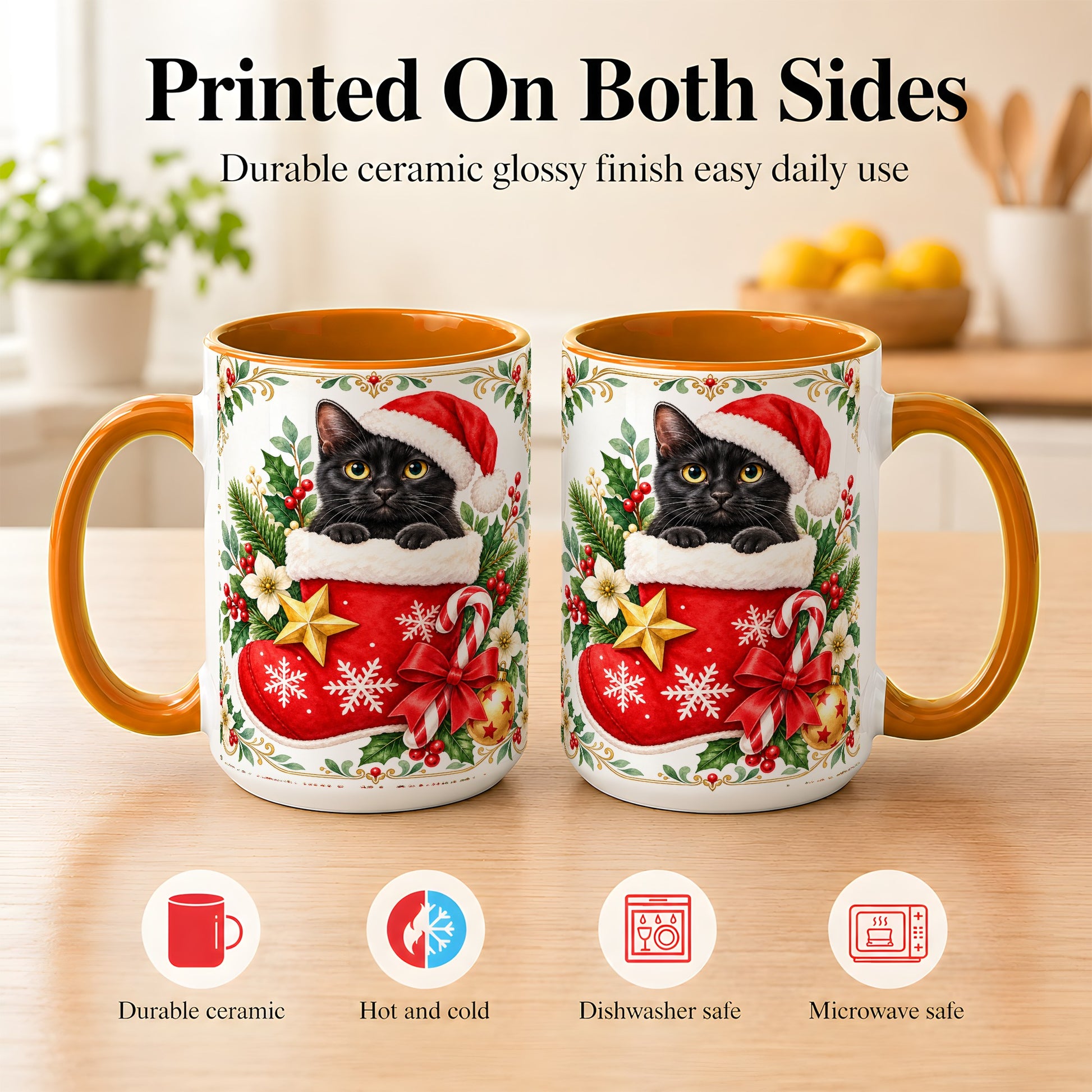 #pl[15oz|Orange] Black Cat Christmas Stocking Coffee Mug, Holiday Cat Mug, Ceramic Cup