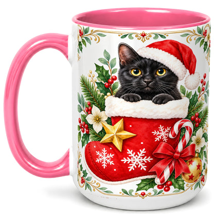 #pl[15oz|Pink] Black Cat Christmas Stocking Coffee Mug, Holiday Cat Mug, Ceramic Cup