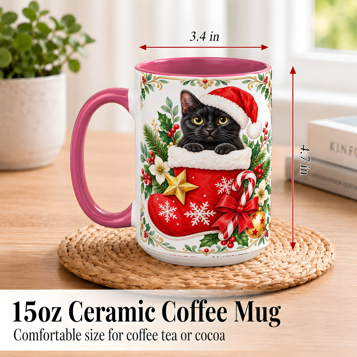 #pl[15oz|Pink] Black Cat Christmas Stocking Coffee Mug, Holiday Cat Mug, Ceramic Cup