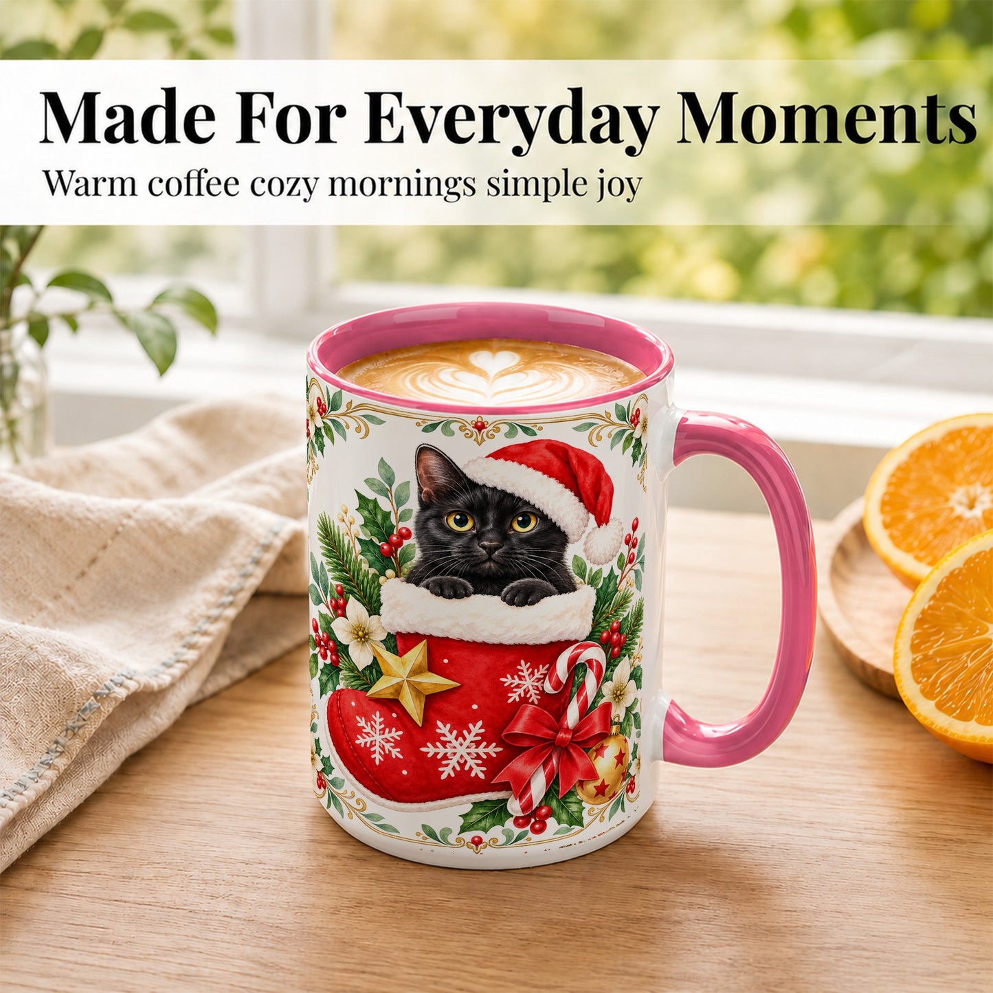 #pl[15oz|Pink] Black Cat Christmas Stocking Coffee Mug, Holiday Cat Mug, Ceramic Cup