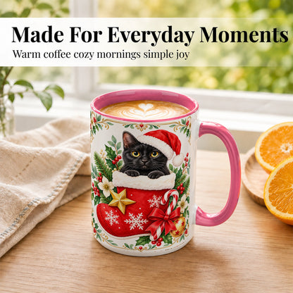 #pl[15oz|Pink] Black Cat Christmas Stocking Coffee Mug, Holiday Cat Mug, Ceramic Cup