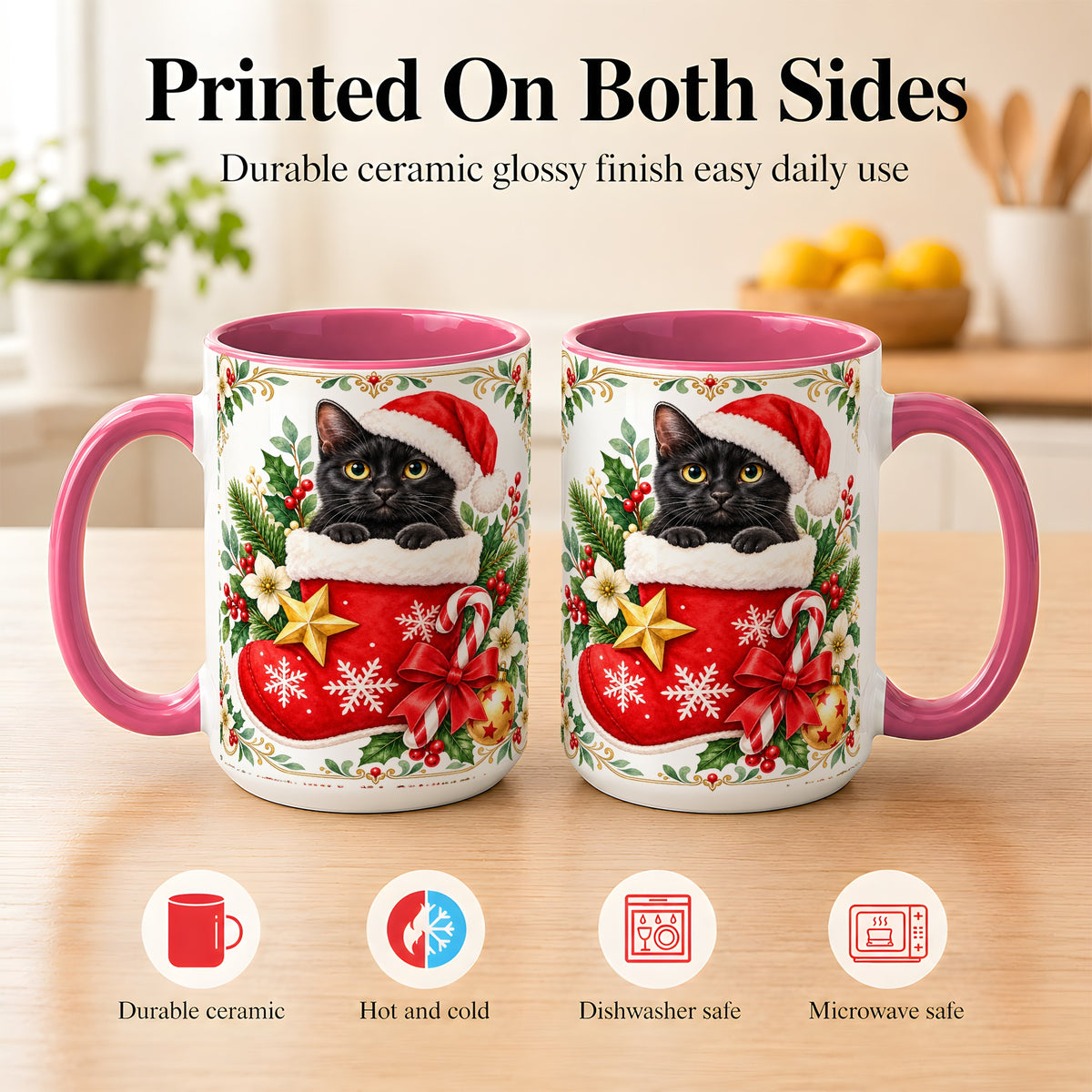 #pl[15oz|Pink] Black Cat Christmas Stocking Coffee Mug, Holiday Cat Mug, Ceramic Cup