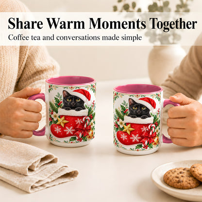#pl[15oz|Pink] Black Cat Christmas Stocking Coffee Mug, Holiday Cat Mug, Ceramic Cup