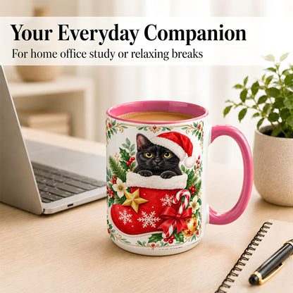 #pl[15oz|Pink] Black Cat Christmas Stocking Coffee Mug, Holiday Cat Mug, Ceramic Cup
