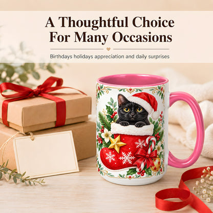 #pl[15oz|Pink] Black Cat Christmas Stocking Coffee Mug, Holiday Cat Mug, Ceramic Cup