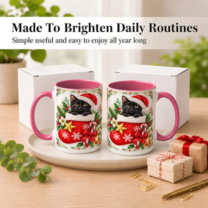 #pl[15oz|Pink] Black Cat Christmas Stocking Coffee Mug, Holiday Cat Mug, Ceramic Cup