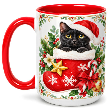 #pl[15oz|Red] Black Cat Christmas Stocking Coffee Mug, Holiday Cat Mug, Ceramic Cup