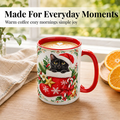 #pl[15oz|Red] Black Cat Christmas Stocking Coffee Mug, Holiday Cat Mug, Ceramic Cup
