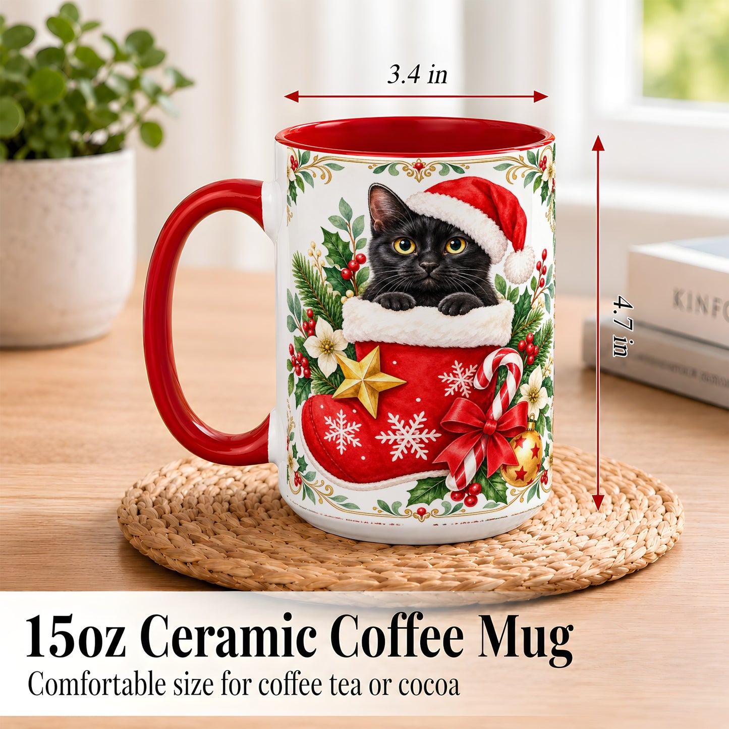 #pl[15oz|Red] Black Cat Christmas Stocking Coffee Mug, Holiday Cat Mug, Ceramic Cup