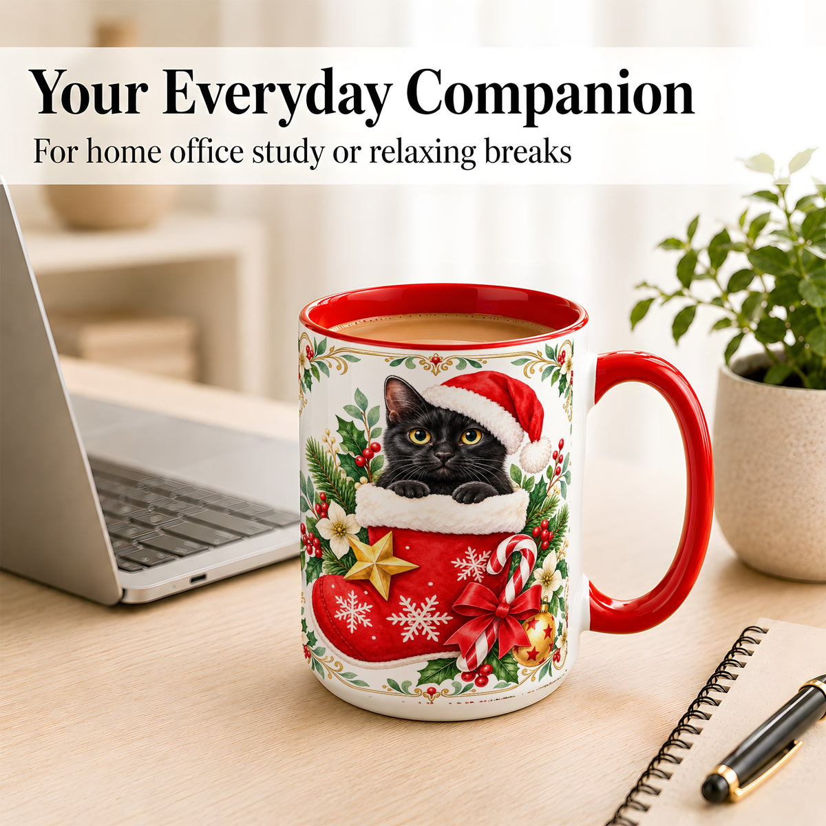 #pl[15oz|Red] Black Cat Christmas Stocking Coffee Mug, Holiday Cat Mug, Ceramic Cup