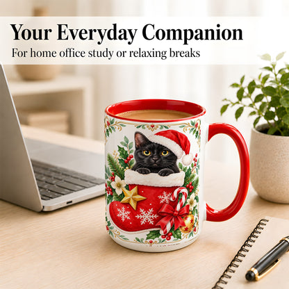 #pl[15oz|Red] Black Cat Christmas Stocking Coffee Mug, Holiday Cat Mug, Ceramic Cup