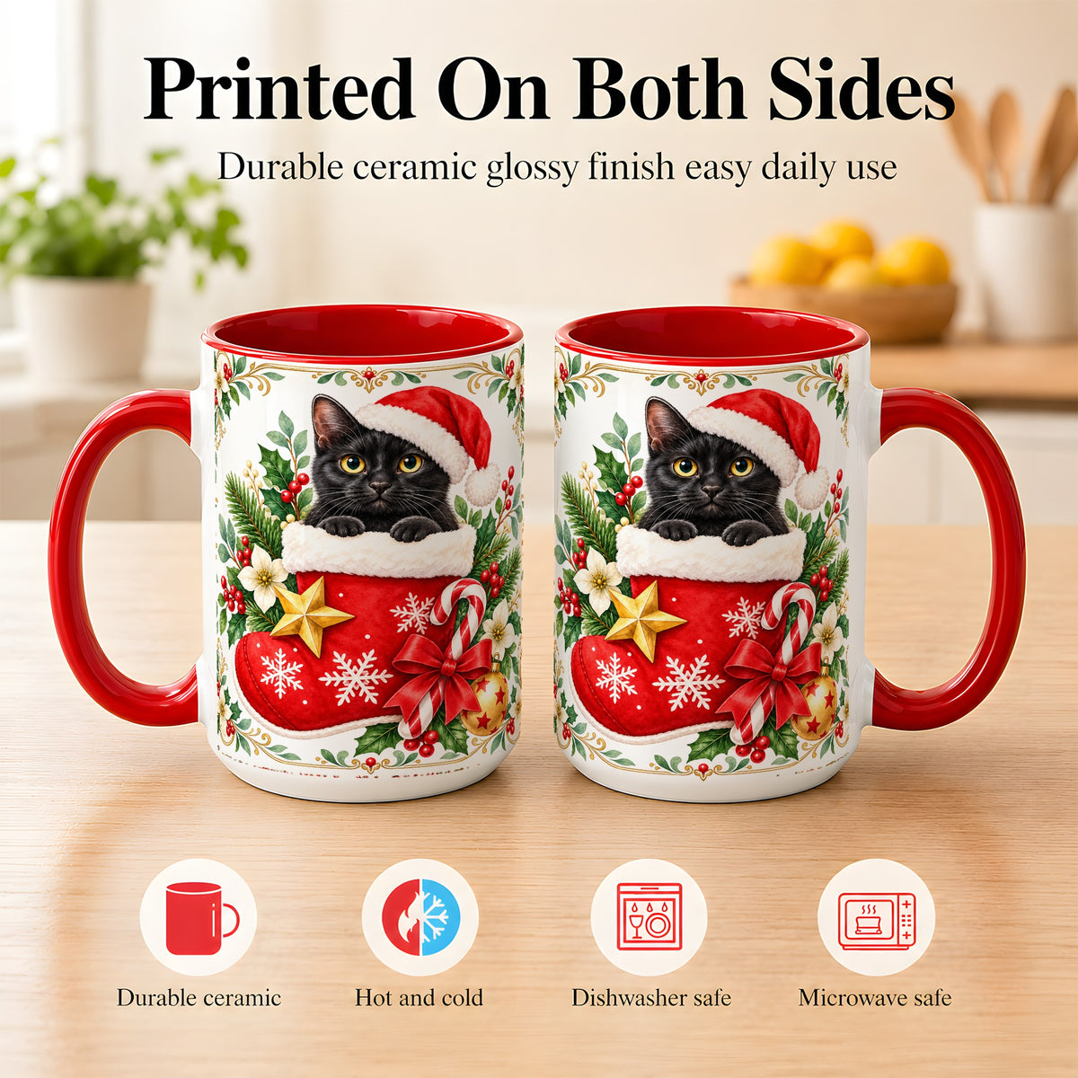 #pl[15oz|Red] Black Cat Christmas Stocking Coffee Mug, Holiday Cat Mug, Ceramic Cup