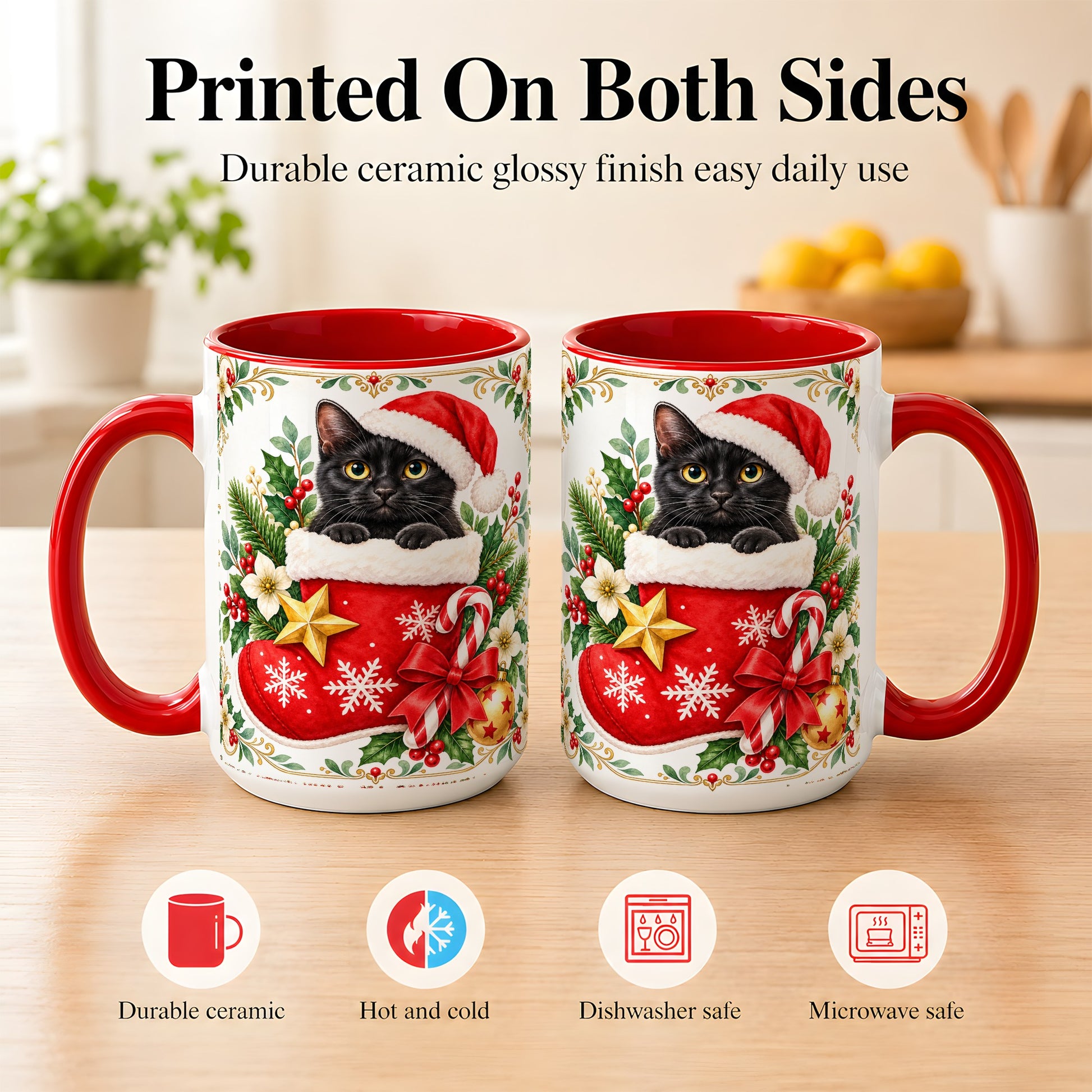 #pl[15oz|Red] Black Cat Christmas Stocking Coffee Mug, Holiday Cat Mug, Ceramic Cup