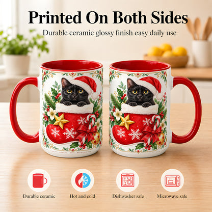 #pl[15oz|Red] Black Cat Christmas Stocking Coffee Mug, Holiday Cat Mug, Ceramic Cup
