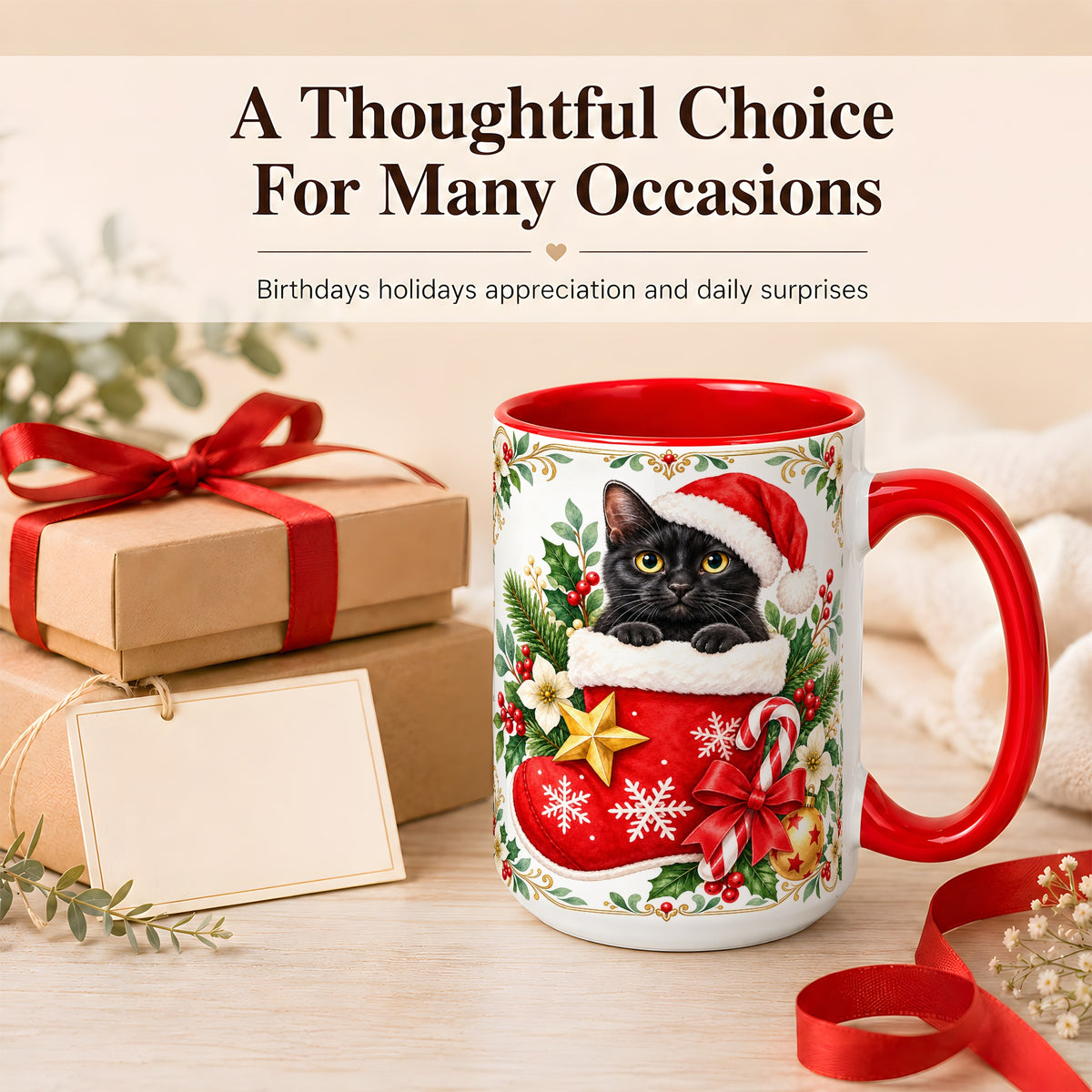 #pl[15oz|Red] Black Cat Christmas Stocking Coffee Mug, Holiday Cat Mug, Ceramic Cup