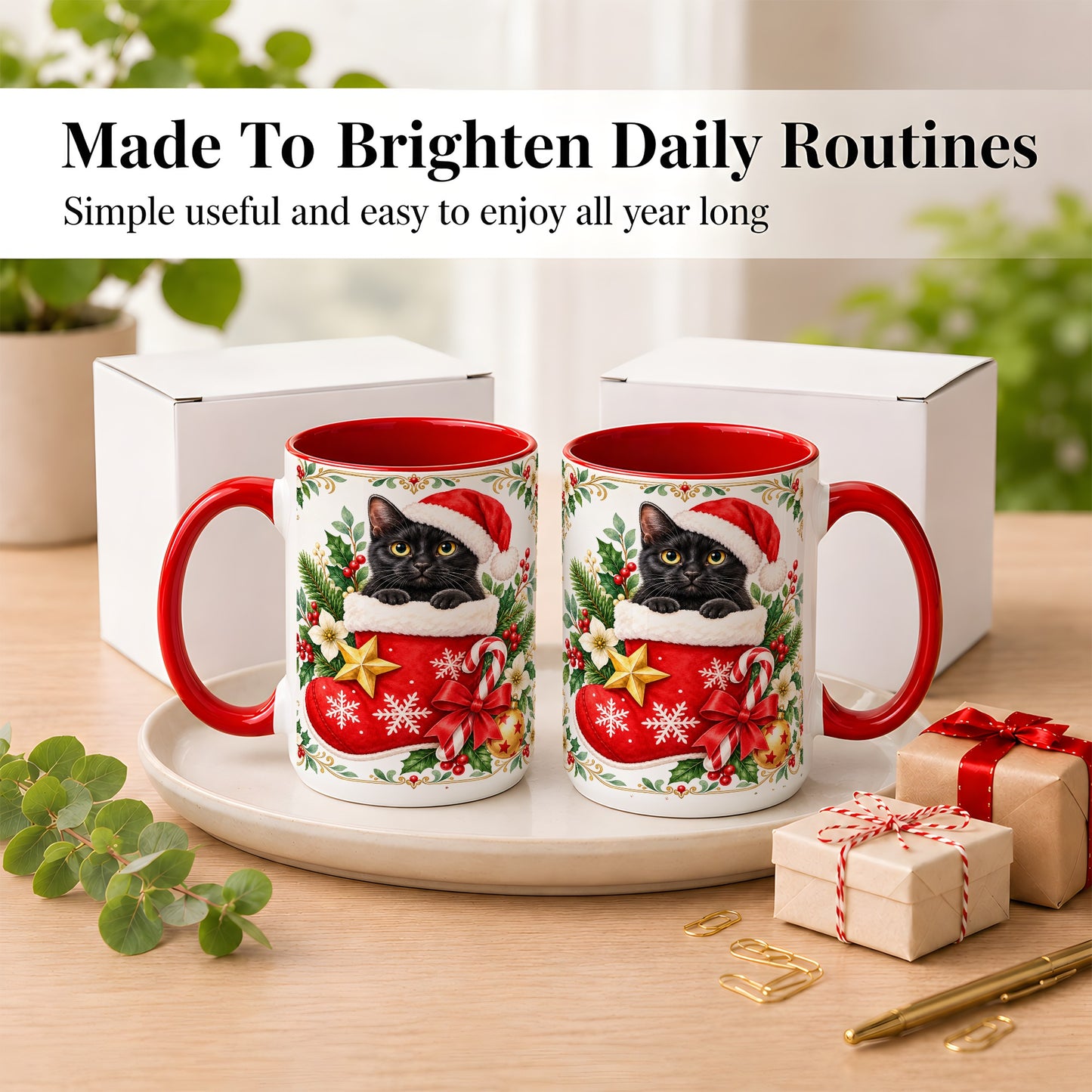 #pl[15oz|Red] Black Cat Christmas Stocking Coffee Mug, Holiday Cat Mug, Ceramic Cup