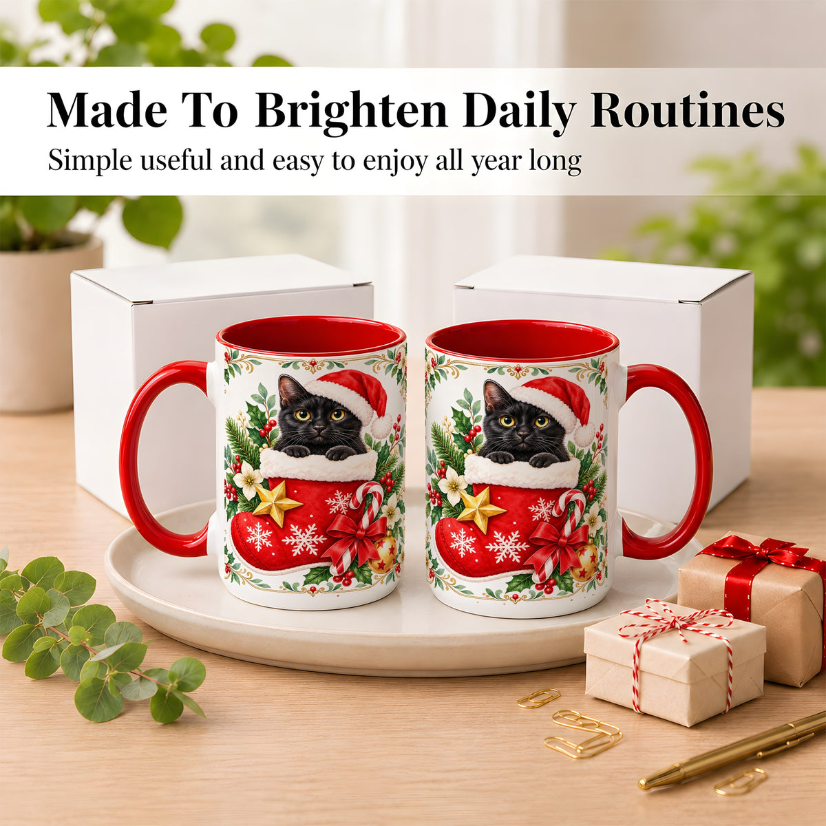#pl[15oz|Red] Black Cat Christmas Stocking Coffee Mug, Holiday Cat Mug, Ceramic Cup