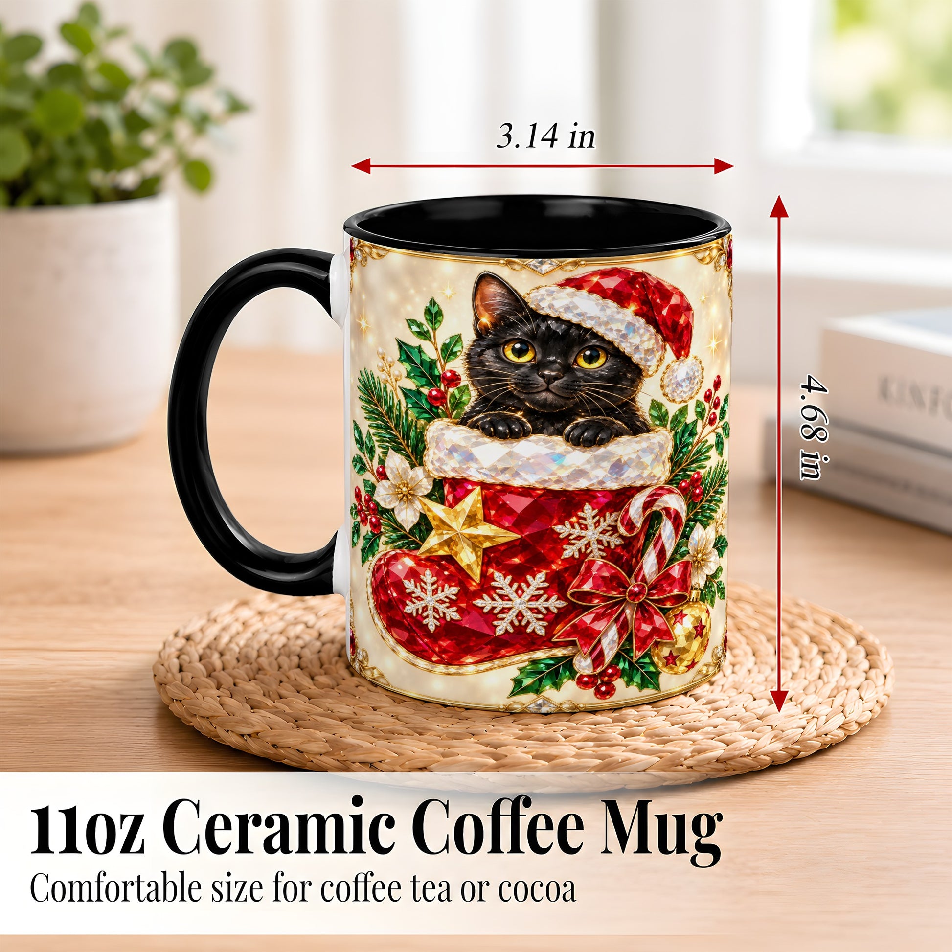 #pl[11oz|Black] Gemstone Black Cat Coffee Mug, Christmas Cat Mug, Ceramic Cup